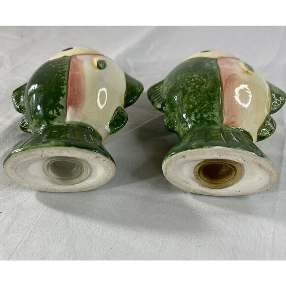Cabin Chic Hand Painted Ceramic Green Yellow Pink Fish Salt Pepper Shakers 4” - Picture 8 of 12
